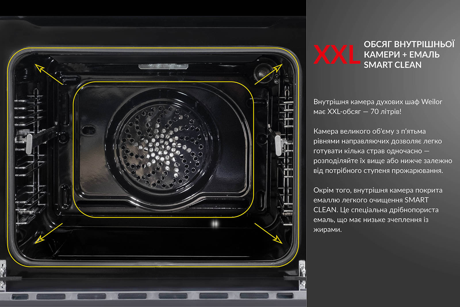 XXL-ОБ'ЄМ ВНУТРІШНЬОЇ КАМЕРИ + ЕМАЛЬ SMART СLEAN Внутрішня камера духових шаф Weilor має XXL-об'єм – 70 літрів! Камера великого об'єму з п'ятьма рівнями направляючих дозволяє легко готувати кілька страв одночасно. Розподіляйте їх вище або нижче, залежно від потрібного ступеня пропікання. Окрім того, внутрішня камера вкрита емаллю легкого очищення SMART CLEAN. Це спеціальна дрібнопориста емаль, що має низьке зчеплення з жирами
